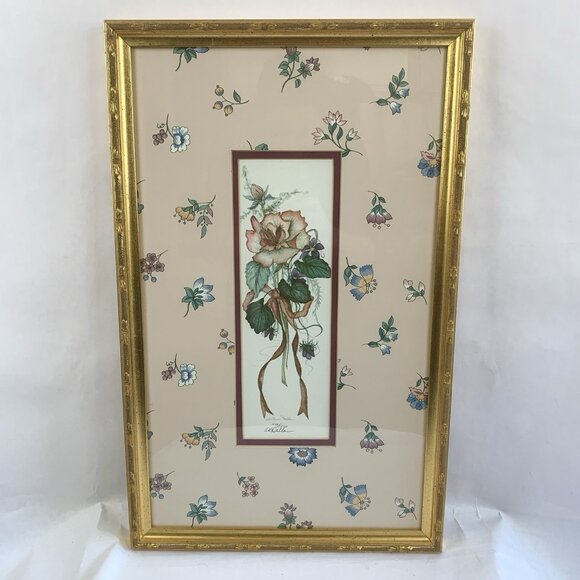 Vtg Framed Botanical Print Floral Wall Art Blossoms Gold Frame Cottage Signed - Picture 1 of 11